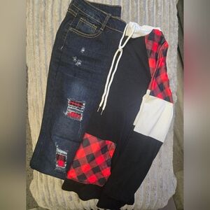 Plaid Hoodie and Distressed Jeans Matching Set Size Large NWOT
